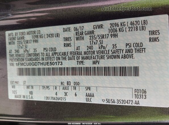1FMCU0GD7HUE50173 2017 FORD ESCAPE Серый Вид подкапотного пространства