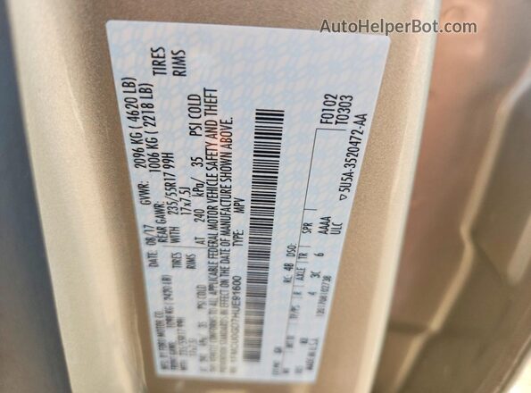 1FMCU0GD7HUE91600 2017 FORD ESCAPE Gold VIN կոդի պիտակի տեսք