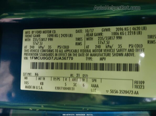 1FMCU0GD7JUA36770 2018 FORD ESCAPE Blue Engine compartment view