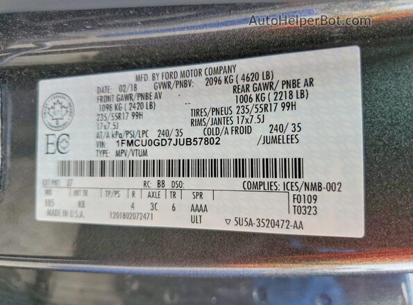 1FMCU0GD7JUB57802 2018 FORD ESCAPE Серый Вид наклейки с VIN-кодом