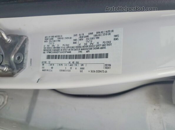 1FMCU0GD7JUC57446 2018 FORD ESCAPE White Widok naklejki z numerem VIN