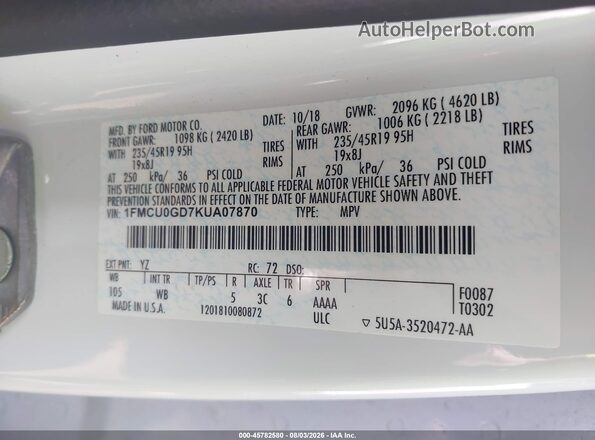 1FMCU0GD7KUA07870 2019 FORD ESCAPE White Engine compartment view