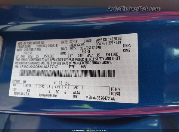 1FMCU0GD8HUA87737 2017 FORD ESCAPE Blue Vista del compartimento del motor