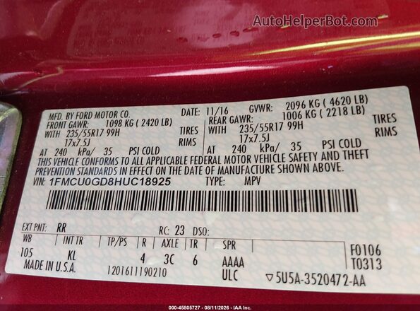 1FMCU0GD8HUC18925 2017 FORD ESCAPE Maroon ძრავის განყოფილების ხედი