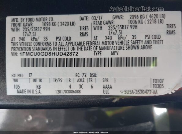 1FMCU0GD8HUD42872 2017 FORD ESCAPE Gray Շարժիչի բաժամունքի տեսք