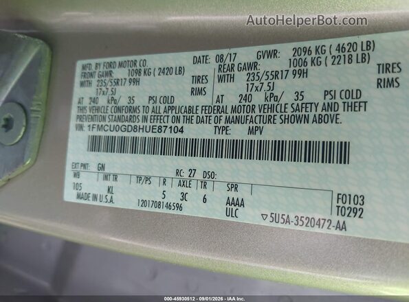 1FMCU0GD8HUE87104 2017 FORD ESCAPE Gold Vista del compartimento del motor