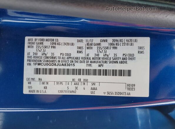 1FMCU0GD8JUA83015 2018 FORD ESCAPE Blue 
