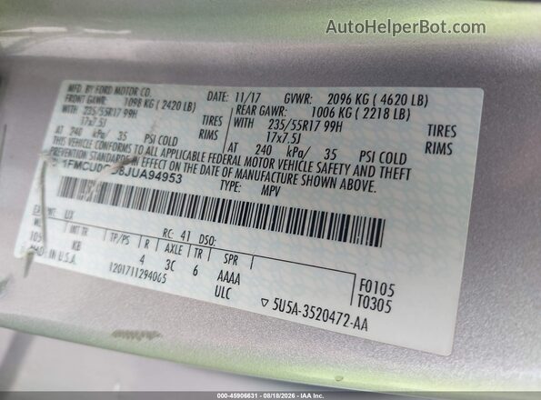 1FMCU0GD8JUA94953 2018 FORD ESCAPE Silver ძრავის განყოფილების ხედი