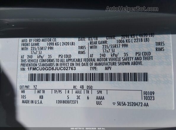 1FMCU0GD8JUC02763 2018 FORD ESCAPE White Widok komory silnika