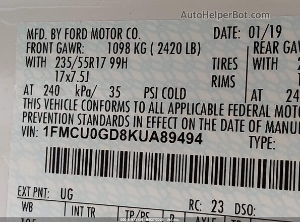 1FMCU0GD8KUA89494 2019 FORD ESCAPE White Engine compartment view
