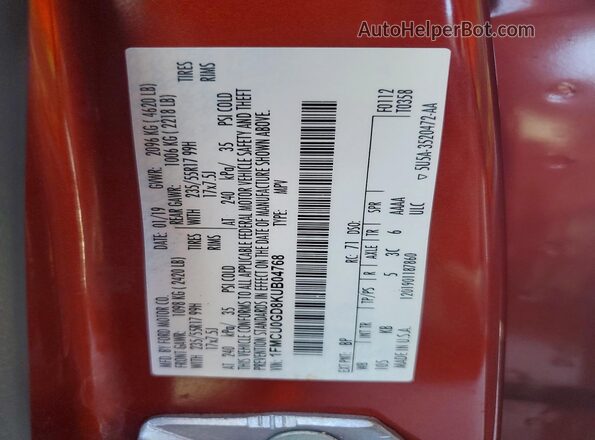 1FMCU0GD8KUB04768 2019 FORD ESCAPE Orange Vista del compartimento del motor