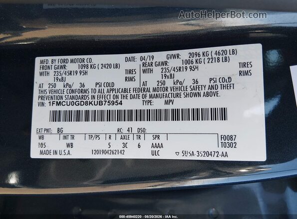 1FMCU0GD8KUB75954 2019 FORD ESCAPE Blue ძრავის განყოფილების ხედი