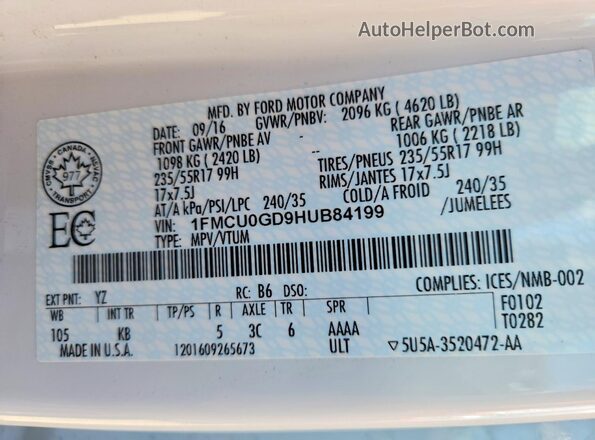 1FMCU0GD9HUB84199 2017 FORD ESCAPE White VIN კოდის სტიკერის ხედი