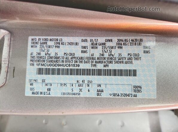 1FMCU0GD9HUC61539 2017 FORD ESCAPE Silver Vista de la etiqueta del VIN