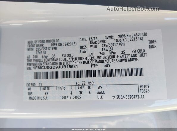 1FMCU0GD9JUB15681 2018 FORD ESCAPE Белый Вид подкапотного пространства