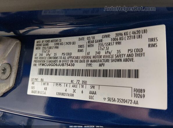 1FMCU0GD9JUB75430 2018 FORD ESCAPE Blue Вид підкапотного простору