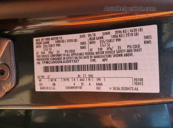 1FMCU0GD9JUD51327 2018 FORD ESCAPE Серый Вид наклейки с VIN-кодом