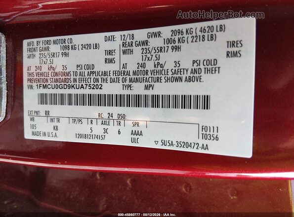 1FMCU0GD9KUA75202 2019 FORD ESCAPE Red Engine compartment view