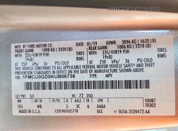 1FMCU0GD9KUB06738 2019 FORD ESCAPE Silver VIN կոդի պիտակի տեսք