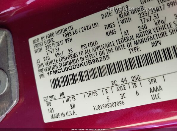 1FMCU0GD9KUB98255 2019 FORD ESCAPE Red ძრავის განყოფილების ხედი