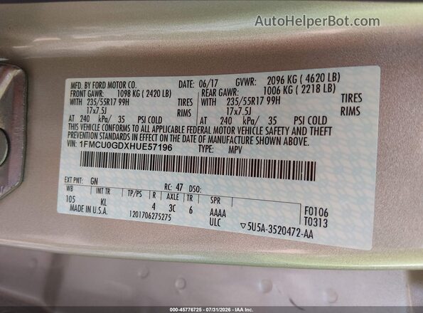 1FMCU0GDXHUE57196 2017 FORD ESCAPE Gold ძრავის განყოფილების ხედი