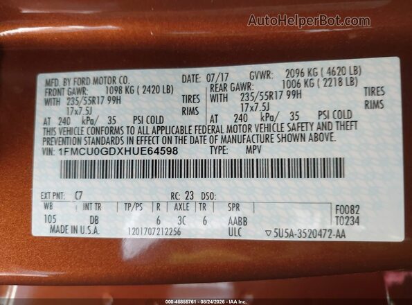 1FMCU0GDXHUE64598 2017 FORD ESCAPE Brown Widok komory silnika
