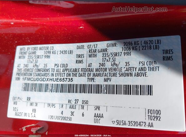 1FMCU0GDXHUE65735 2017 FORD ESCAPE Red ძრავის განყოფილების ხედი