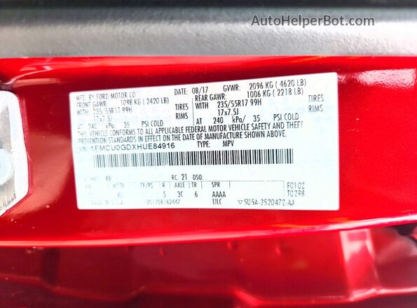 1FMCU0GDXHUE84916 2017 FORD ESCAPE Красный Вид подкапотного пространства
