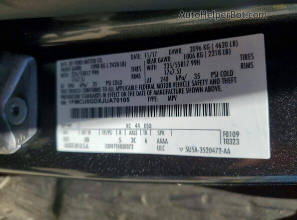 1FMCU0GDXJUA70105 2018 FORD ESCAPE Gray VIN კოდის სტიკერის ხედი
