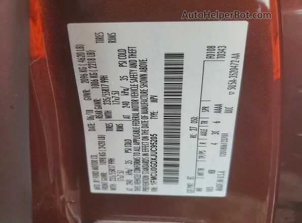 1FMCU0GDXJUC95205 2018 FORD ESCAPE Burgundy VIN კოდის სტიკერის ხედი