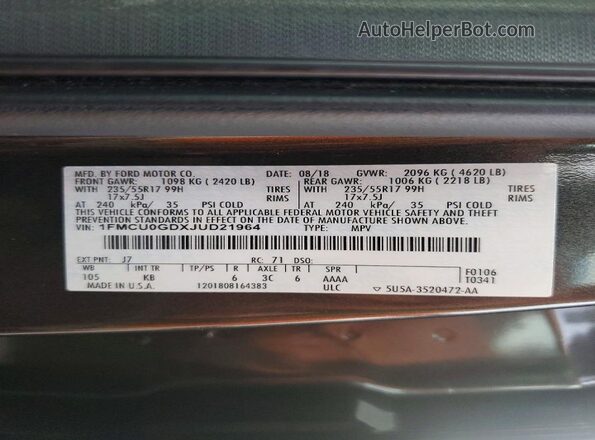1FMCU0GDXJUD21964 2018 FORD ESCAPE Gray 