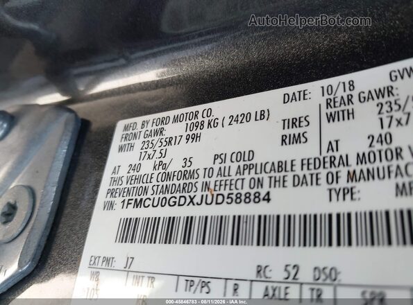 1FMCU0GDXJUD58884 2018 FORD ESCAPE Gray Շարժիչի բաժամունքի տեսք