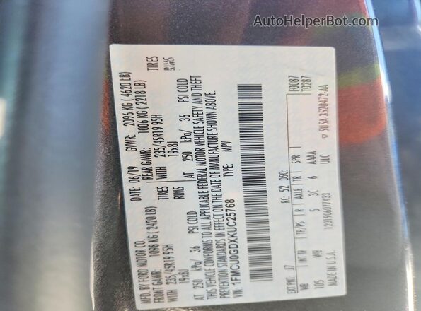 1FMCU0GDXKUC25768 2019 FORD ESCAPE Gray VIN კოდის სტიკერის ხედი