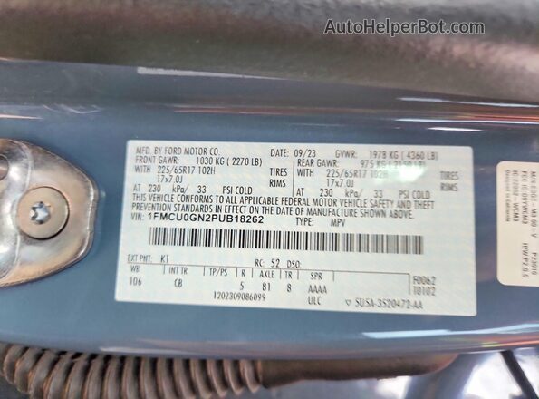 1FMCU0GN2PUB18262 2023 FORD ESCAPE Blue Widok naklejki z numerem VIN