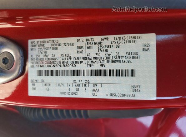 1FMCU0GN5PUB30969 2023 FORD ESCAPE Красный Вид наклейки с VIN-кодом