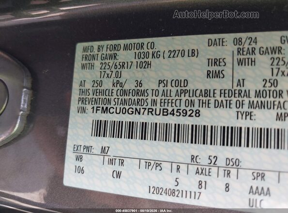 1FMCU0GN7RUB45928 2024 FORD ESCAPE Gray Widok komory silnika