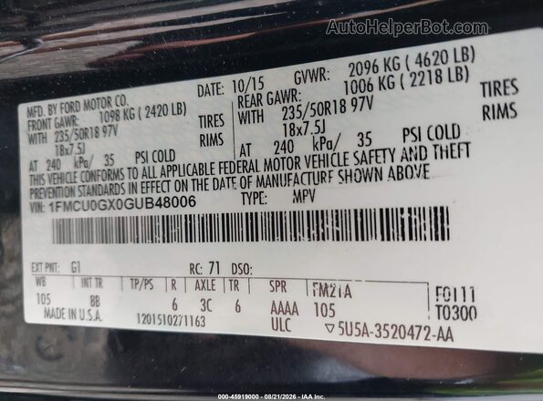 1FMCU0GX0GUB48006 2016 FORD ESCAPE Black Vista del compartimento del motor