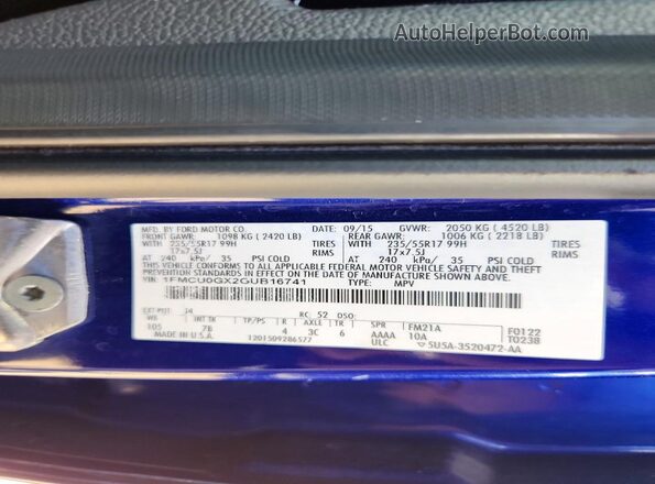 1FMCU0GX2GUB16741 2016 FORD ESCAPE Синий Вид наклейки с VIN-кодом