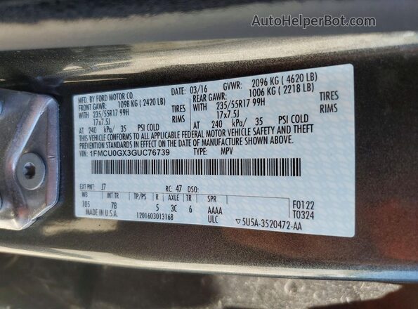 1FMCU0GX3GUC76739 2016 FORD ESCAPE Gray Вид наклейки з VIN-кодом