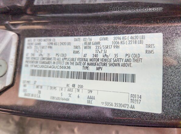 1FMCU0GX4GUC56936 2016 FORD ESCAPE Gray VIN კოდის სტიკერის ხედი