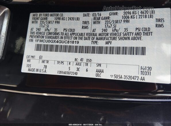 1FMCU0GX4GUC81819 2016 FORD ESCAPE Black Vista del compartimento del motor