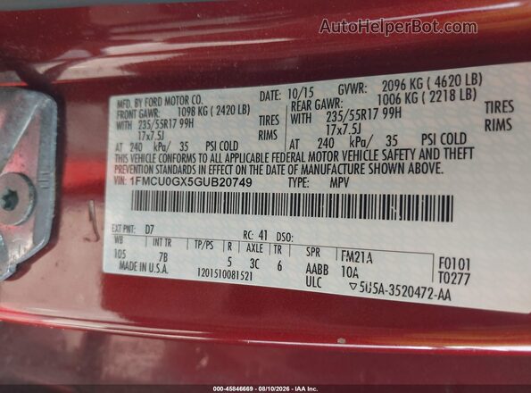 1FMCU0GX5GUB20749 2016 FORD ESCAPE Red Vista del compartimento del motor