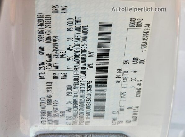 1FMCU0GX5GUC53575 2016 FORD ESCAPE White Вид підкапотного простору