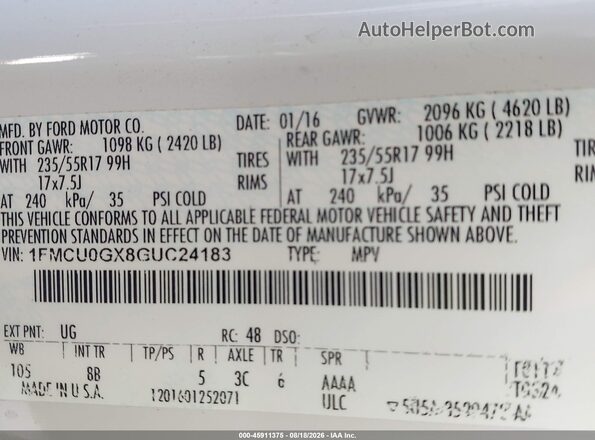 1FMCU0GX8GUC24183 2016 FORD ESCAPE White Widok komory silnika