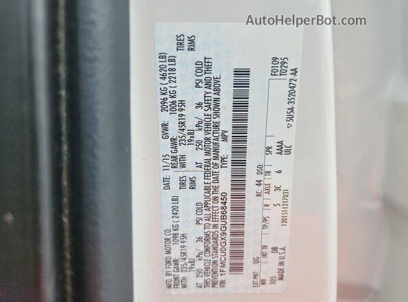 1FMCU0GX9GUB68450 2016 FORD ESCAPE White Панорамний вид салону 360°