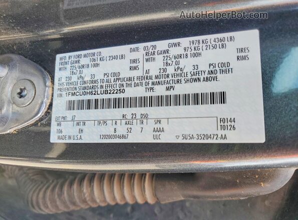 1FMCU0H62LUB22250 2020 FORD ESCAPE Gray Vista de la etiqueta del VIN