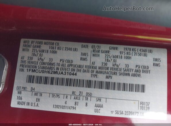 1FMCU0H62MUA31044 2021 FORD ESCAPE Red ძრავის განყოფილების ხედი