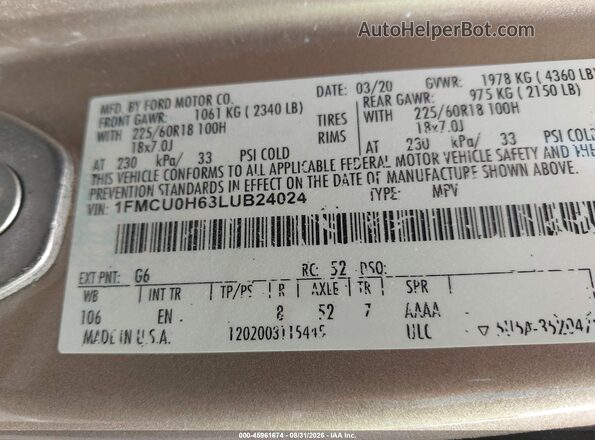 1FMCU0H63LUB24024 2020 FORD ESCAPE Gold Вид підкапотного простору