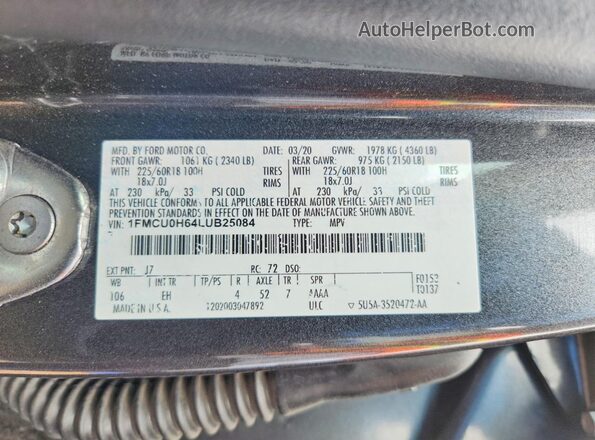 1FMCU0H64LUB25084 2020 FORD ESCAPE Charcoal VIN კოდის სტიკერის ხედი