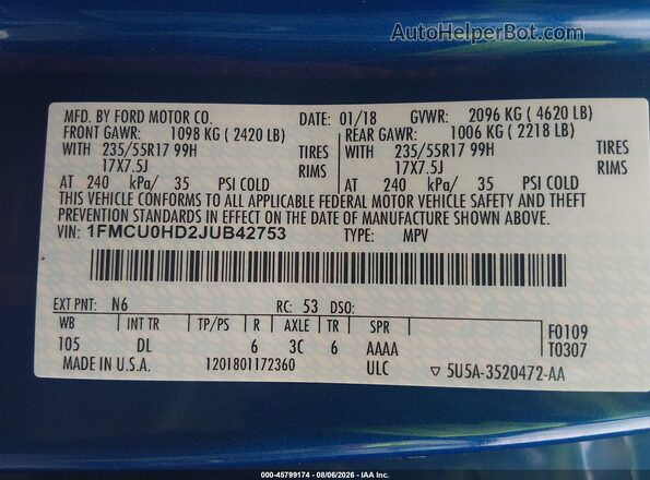 1FMCU0HD2JUB42753 2018 FORD ESCAPE Blue Vista del compartimento del motor